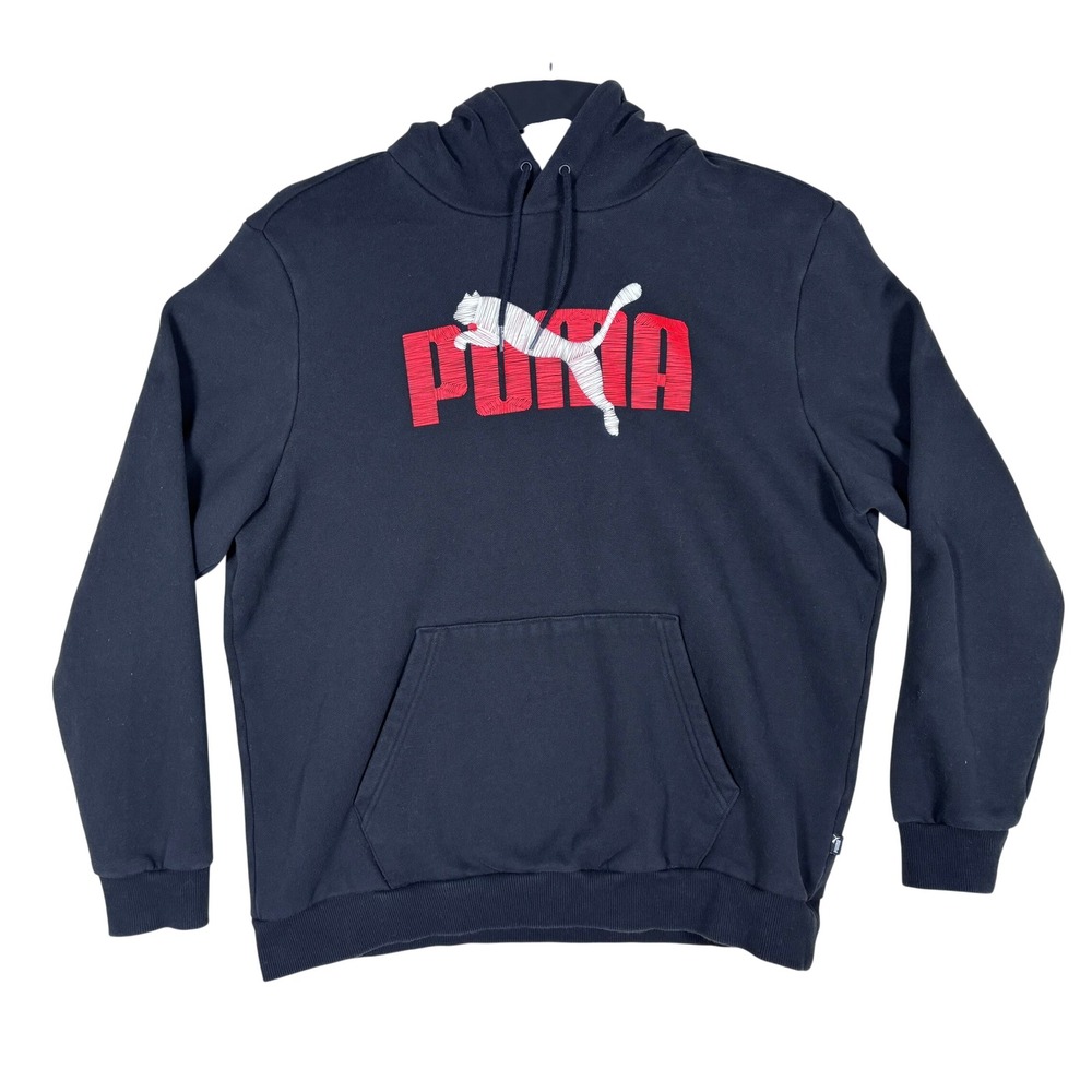 Puma Mens Black Logo Hoodie Sweatshirt Large Red White‎ Embroidered Pullover